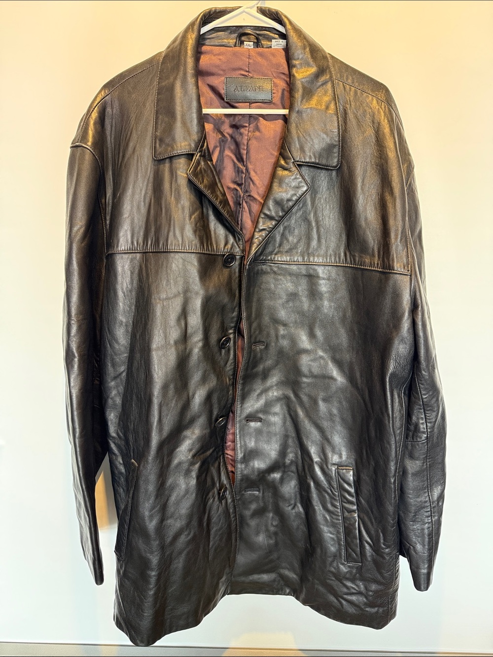 Alfani Black Leather Jacket with Brown Herringbone Lining